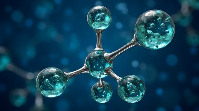 High-quality 3D render of a tetrahedral molecular structure. Teal glass atoms with internal bubbles and blue background