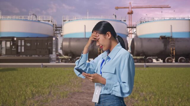 Side View Of Asian Female With Her Smartphone at Oil Refinery with Large Fuel Tanks and Cargo Train, Checking With Dissapionted And Nodding Her Shead 
