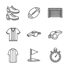 Soccer and American Football Icons: Shoes, Ball, Goal, Jersey, Whistle, Flag, Stopwatch © Suyat