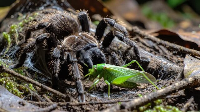 Tarantula Spider Lurking Near Its Web Entrance with a Grasshopper Prey.
