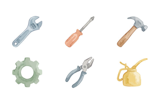 Watercolor mechanic workshop tools icons set isolated on white background