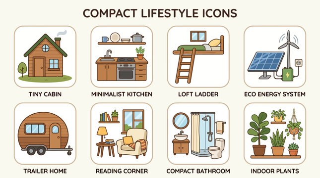 Compact lifestyle and tiny home pixel art icons