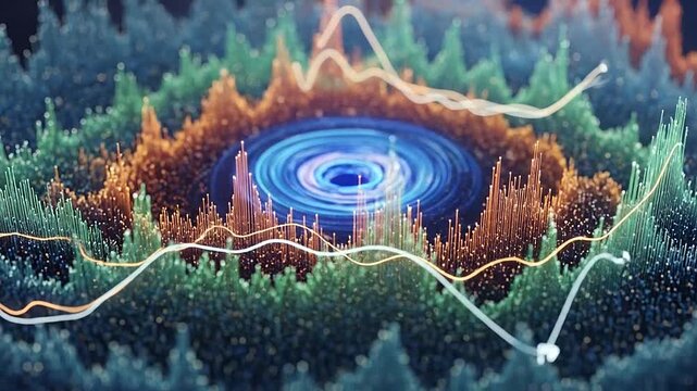 Abstract digital visualization of sound waves and data flow in a circular pattern