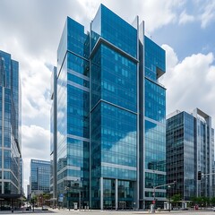 Naklejka premium Modern Glass Skyscraper in Urban Cityscape Under Bright Sky.