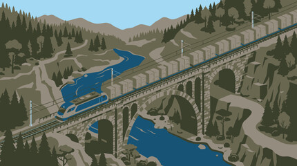 Fototapeta premium Isometric Electric Freight Train Crossing Stone Bridge for Sustainable Goods Transportation Concept