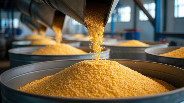 Yellow corn pellets pouring into multiple large industrial bins for food processing.