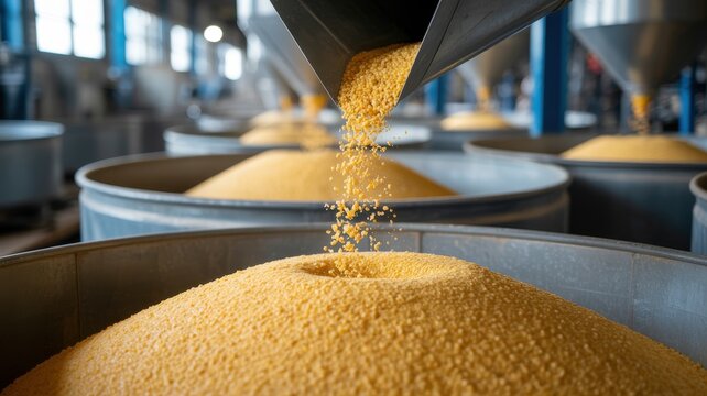 Yellow corn pellets pouring into a large industrial bin, forming a pile during food processing.