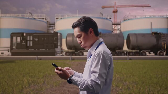 Side View Of An Asian Male Professional Worker Standing With His Smartphone at Oil Refinery with Large Fuel Tanks and Cargo Train, Checking With Dissapionted And Nodding His Head 