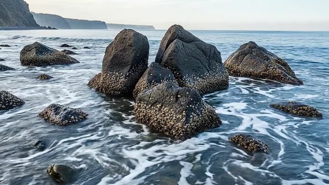 Large dark rocks sit in the ocean surf along a pebble beach at sunrise
