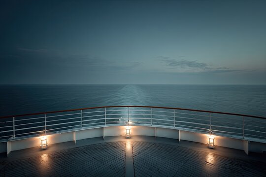 View from a ship deck at twilight, showcasing ocean, wake, and illuminated lights