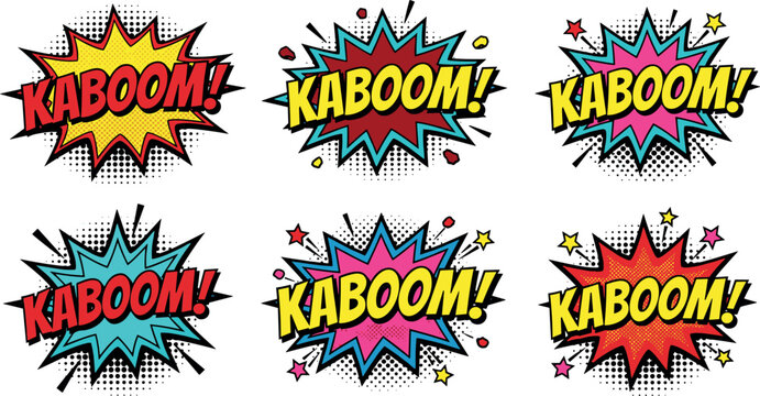 Kaboom Comic Book Sound Effect Sticker Set with Retro Pop Art Explosion Speech Bubbles Vector Illustrations
