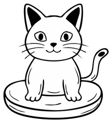 Obraz premium Cute Cartoon Cat Sitting on Round Cushion, Line Art Illustration