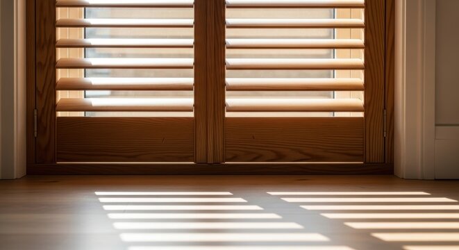 Wooden shutters casting shadows on floor in bright minimalist room interior
