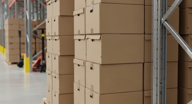 Cardboard boxes stacked in warehouse storage area industrial supply organization