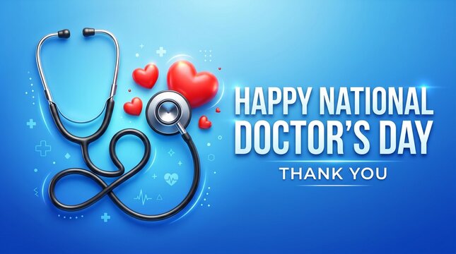 Happy National Doctors Day Vector Greeting Card with Stethoscope and Red Hearts on Blue Background, Medical Thank You Banner Concept