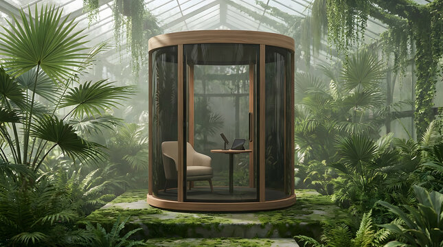 Modern glass office pod situated inside lush indoor botanical garden greenhouse.