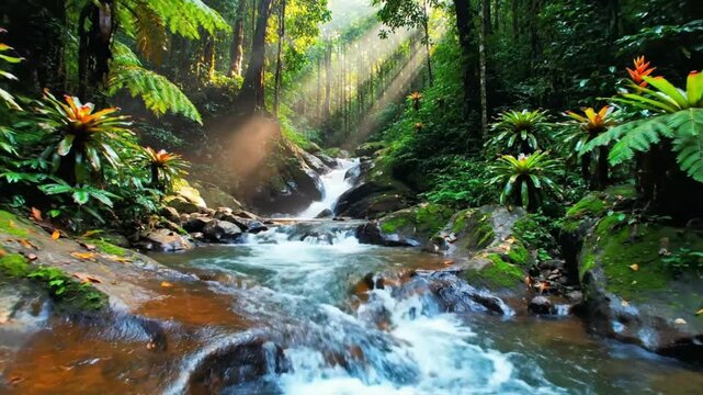 Tranquil Stream Flowing Through a Lush Rainforest Landscape with Sunlight Beaming Through the Canopy