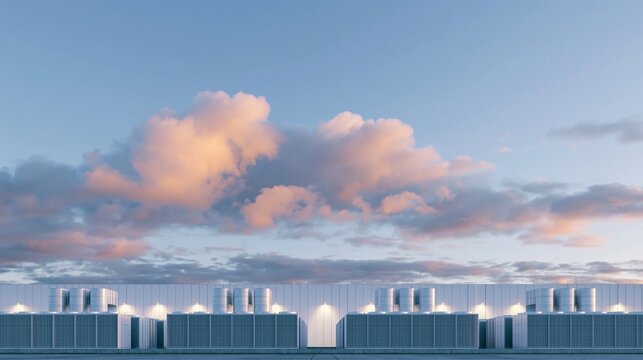 Massive modern data center building exterior with cooling units and cloud-filled sky, showcasing advanced technology and infrastructure in a contemporary setting