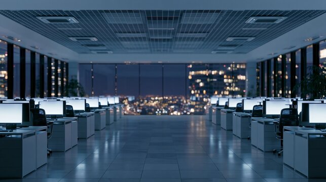 Modern empty open plan office at night with rows of computer desks and glowing monitors, large windows showcasing a city skyline in the background