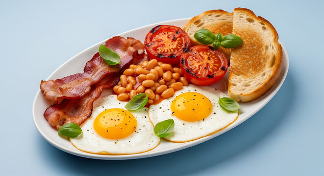 Full english breakfast with bacon eggs beans tomatoes and toast on a plate
