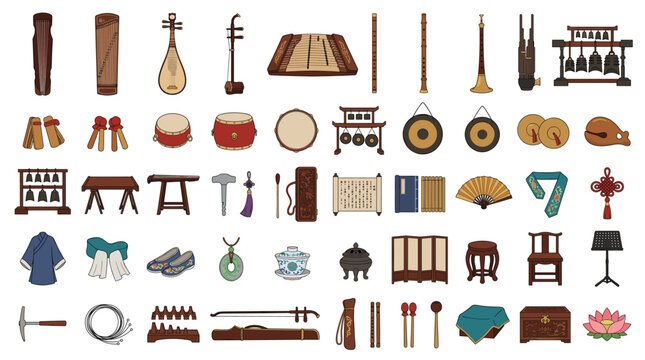 Colorful hand drawn Asian antique furniture and home decor icon set with lamps, screens, tables, tools, baskets and small objects on white background