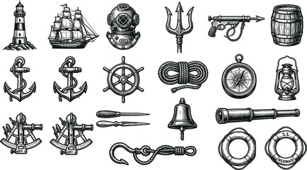 Nautical vintage engraving elements set with lighthouse sailing ship anchor steering wheel compass and diving helmet vector illustration © ISMOTARA