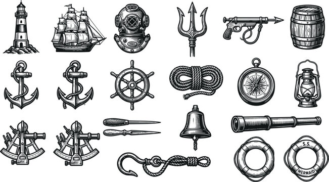 Nautical vintage engraving elements set with lighthouse sailing ship anchor steering wheel compass and diving helmet vector illustration