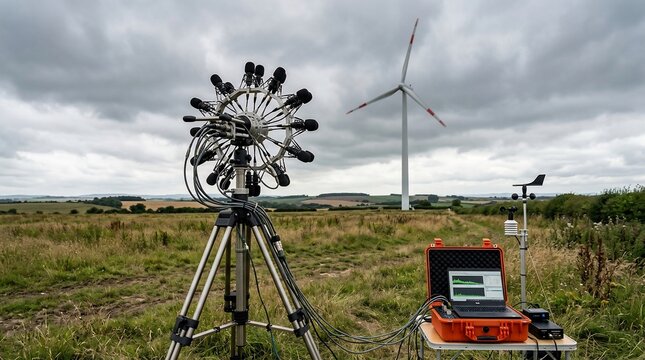 Acoustic measurement array testing noise levels of a wind turbine in a rural landscape.