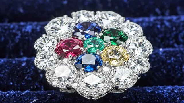 Luxurious Jewelry Sparkling with White Diamonds and Colorful Gemstones against a Blue Velvet Background
