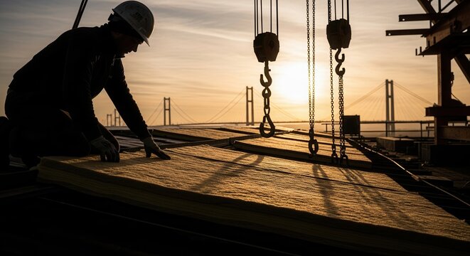 A Construction Worker Inspecting Materials On A Building Site At Sunset