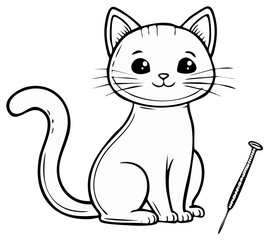 Obraz premium Cute outlined Cat cartoon illustration and a syringe, vector drawing for print or colouring book. Simple art work for child