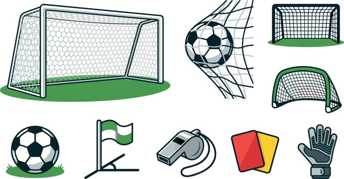 Soccer Goal and Football Equipment Icon Set with Ball Net Whistle Cards and Goalkeeper Glove Vector Illustrations