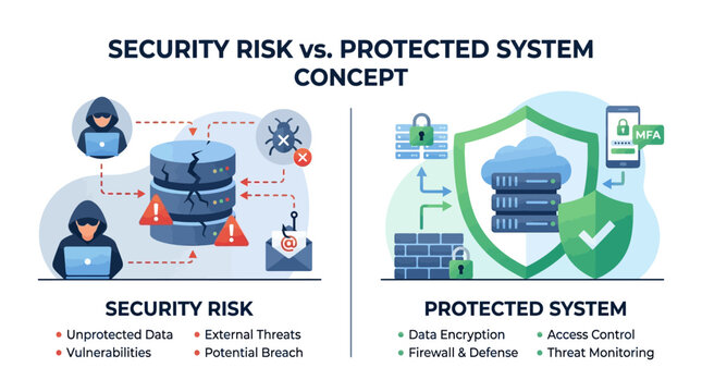 Security Risk Concept Versus Protected System Illustration with Threats and Defenses
