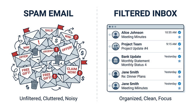 A cluttered inbox displays unfiltered spam emails next to a clean filtered inbox on a computer screen showing organized messages.