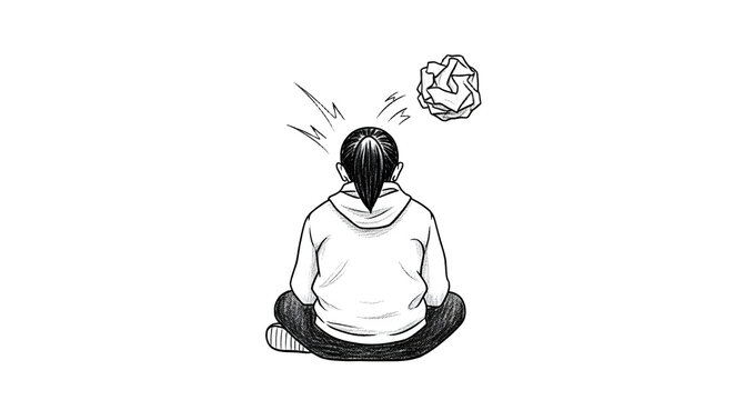 Person meditating with chaotic thoughts above head illustration.