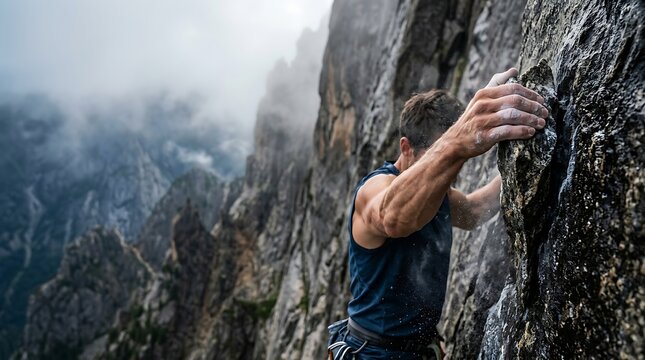 Male rock climber gripping a cliff ledge in misty mountains