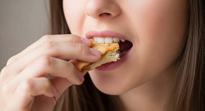 Woman eating a sandwich, enjoying a delicious snack, close-up view.