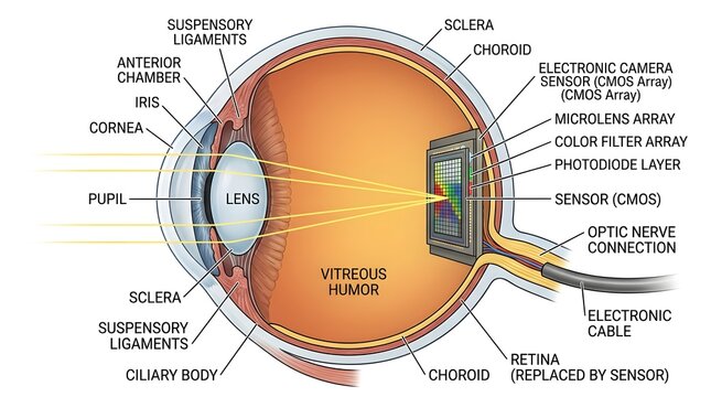 A labeled cross-section diagram of a human eye where the retina has been replaced by an integrated digital camera sensor with microlens array and electronic cable.