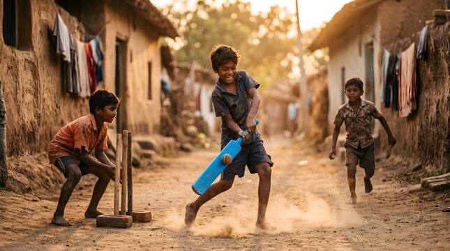 Group of young boys playing cricket in a dusty rural village street.