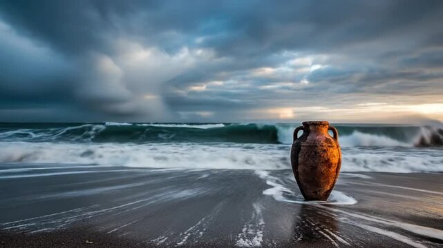 Dramatic scene of a weathered vase on a stormy beach with crashing waves and moody sky