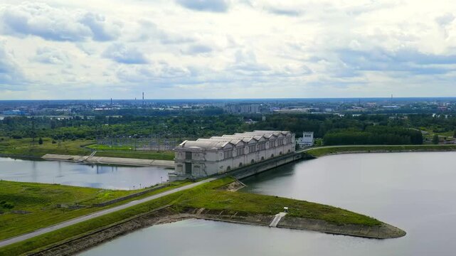 Rybinsk, Russia. Drone footage of the Rybinsk hydroelectric power plant. Drone footage, Point of interest