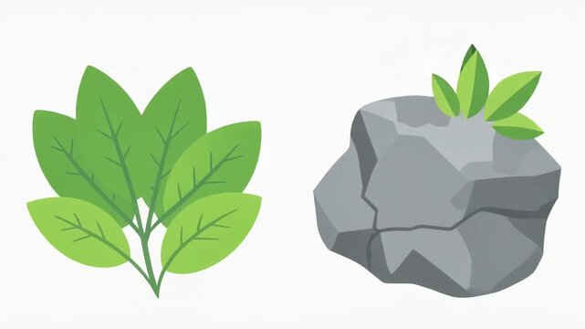 Living Nonliving Symbols. Visual Science Icons & Symbols. Visual Science Icons. flat icons showing living and nonliving objects using leaf and rock symbols, set in a clean white background
