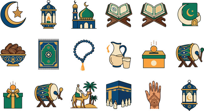Ramadan and Islamic Holiday Icon Set Featuring Kaaba Mosque Quran Lanterns Prayer Rug and Hajj Pilgrimage Elements