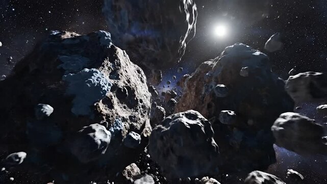 Asteroid Belt Space Scene with Distant Star and Rocky Debris.