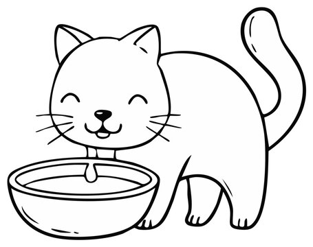 Cute Cartoon Cat Drinking from Bowl Outline Illustration on White Background