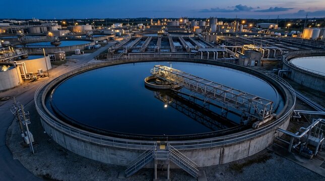 Aerial view of a wastewater treatment plant at twilight.