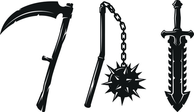 Medieval weapons vector set featuring grim reaper scythe spiked flail mace and fantasy serrated sword silhouettes