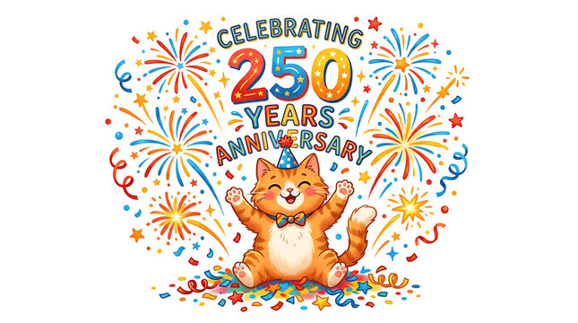Cute Cartoon Cat Celebrating 250 Years Anniversary with Colorful Fireworks