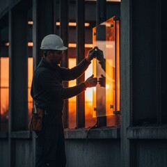 Obraz premium A Construction Worker Installs a Glass Panel in a Modern Building During Golden Hour
