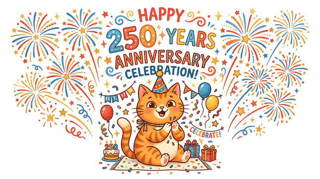 Cute Cartoon Cat Celebrating 250 Years Anniversary with Colorful Fireworks